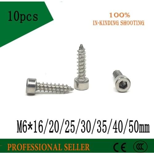 10pcs Free shipping M6 *16/20/25/30/35/40/50 mm 304 stainless steel Hexagon Socket Cap Head self tapping screw Model Screw