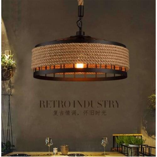 Vintage Industrial Hemp Rope Ceiling Lamp Home Bar Restaurant Round Chandelier Decorative Night Light (Without Bulb)
