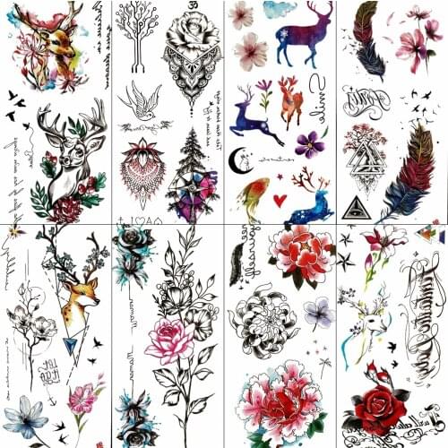 25Style Cute Deer Moose Temporary Tattoos For Children Women Rose Flower Tattoo Sticker Feather Bird Branch Kids Cartoon Tattoo