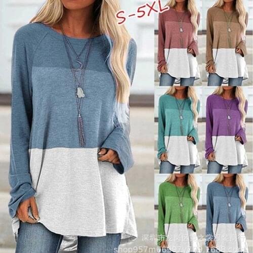 Womens Loose T-shirts 2021 Casual O-Neck Long Sleeve Patchwork Autumn Female Tee Tops Plus Size S-5XL WDC7762