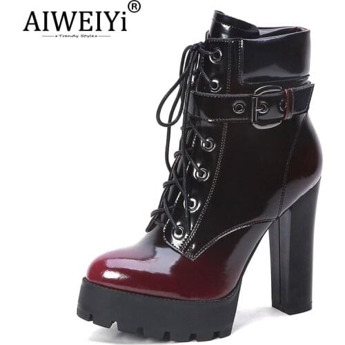 AIWEIYi Motorcycle Boots For Women Cow Leather Lace Up Ladies Ankle Boots Genuine Leather Winter Shoes
