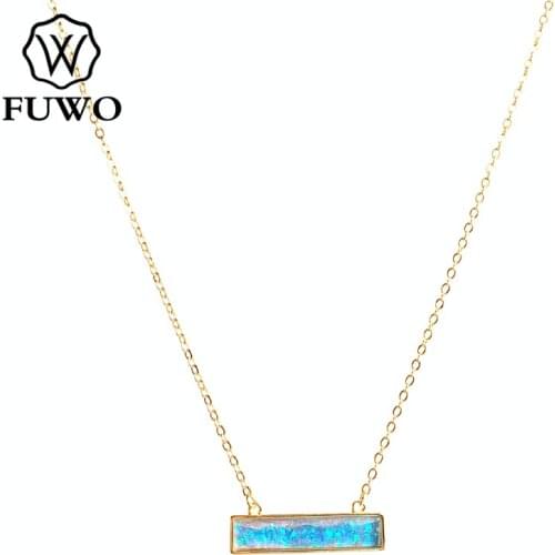FUWO Carved Opal Pendant Necklace with Gold Trimmed Blue Rectangular Double Loops Opal Jewelry For Women NC258