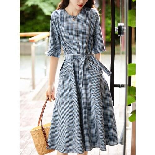 Retro Blue Round Neck Collar Plaid Dress Women Summer A-Line High Waist Puff Sleeve Dress Elegant Mid-Length Short-Sleeved Dress