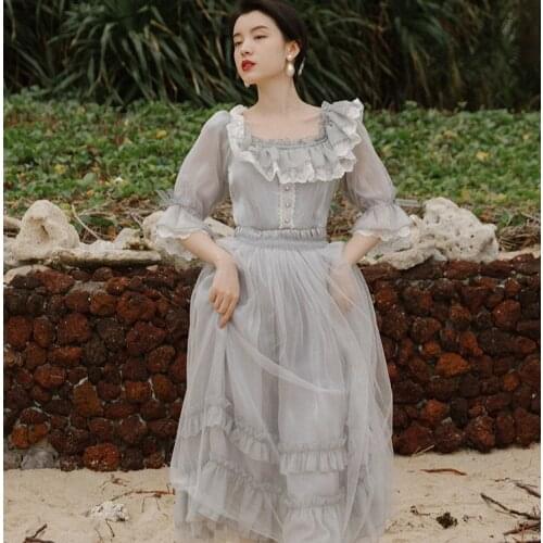Mori Girl Cottage Style Fairy Dress Flare Sleeve Lace Princess Vintage Gray Dresses Royal Women Dress Hippie Boho Tulle Vestido