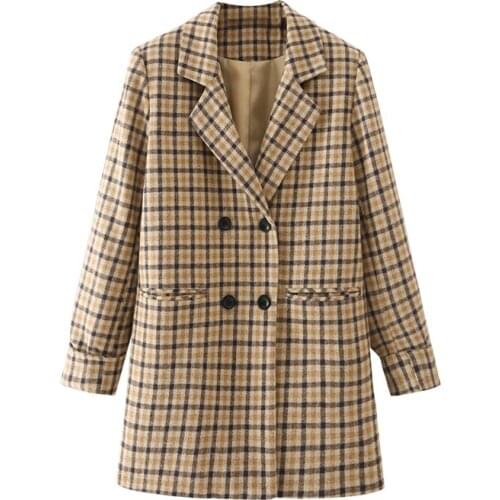 ZXQJ Women 2021 Fashion Double Breasted Plaid Woolen Jacket Coat Vintage Long Sleeve Pockets Female Outerwear Chic Tops