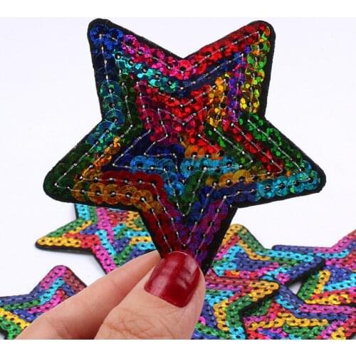 10pcs Sequined Star Patch Glitter Hearted Stickers DIY Fabric Appliques Embroidered Iron On Coats Jeans Pants Badge Accessories