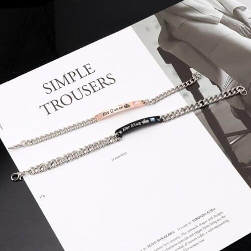 2Pcs Jewely Gift for Lovers His Queen Her King Stainless Steel Couple Bracelets
