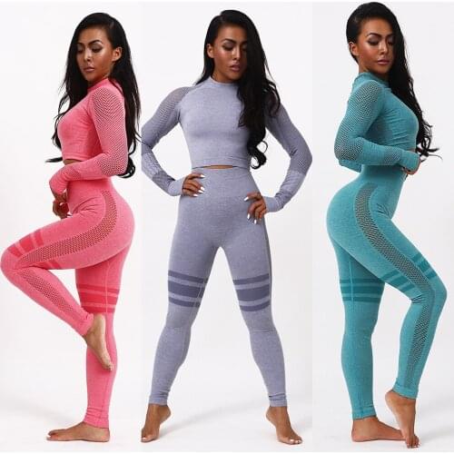 Seamless Women Yoga Set Workout Sportswear Set Fitness Gym Leggings and Long Sleeve Crop Top High Waist Tights Sports Suits