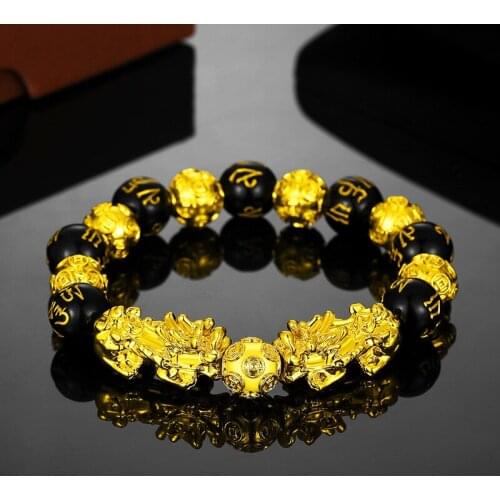 Feng Shui Obsidian Beads Bracelet Pixiu Unicorn Golden Color Charm Lucky Wealth Bracelet for Women Trendy Jewelry Word Proverbs