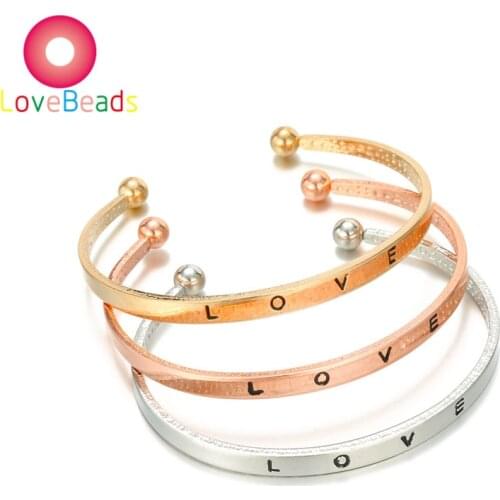 3 Colors Cuff Bangles Rose Gold Silver Plated Love Letter Engraved Round Ball Open End Bracelet Bangle Women Girls Jewelry Gift