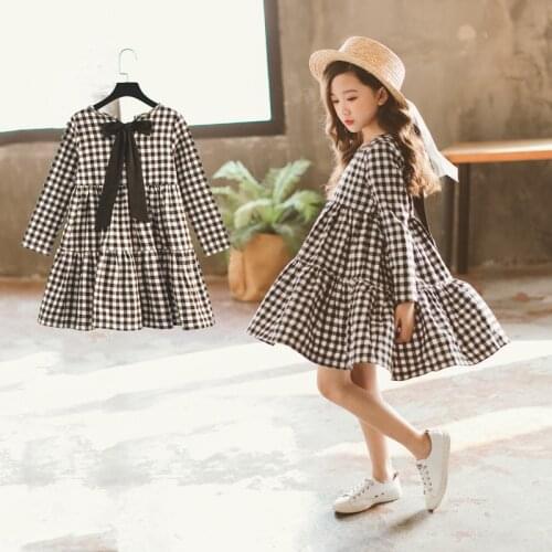 Brand 2020 Autumn New Girls Dresses Children Cotton Dress Kids Plaid Dress Bow Baby Girls' Cotton Dress Toddler Clothes,#2787