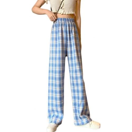 Women Pants High Waist Breathable Trousers Elastic Straight Plaid Pants for Daily Wear