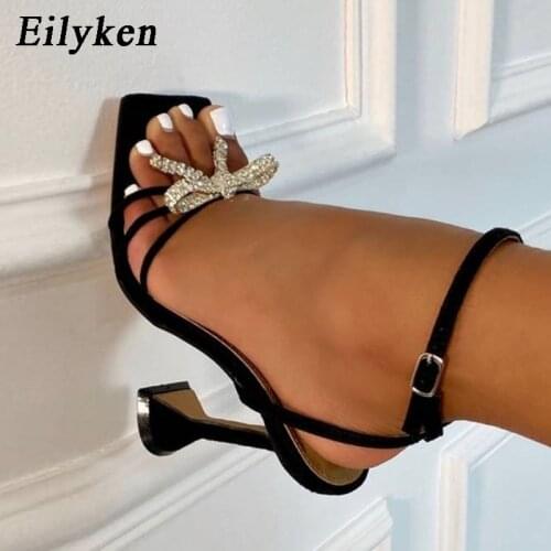 Eilyken Elegant Rhinestone Bowtie Crystal Spike High Heels Women Sandals Open Toe Ankle Strap Gladiator Summer Ladies Party Shoe