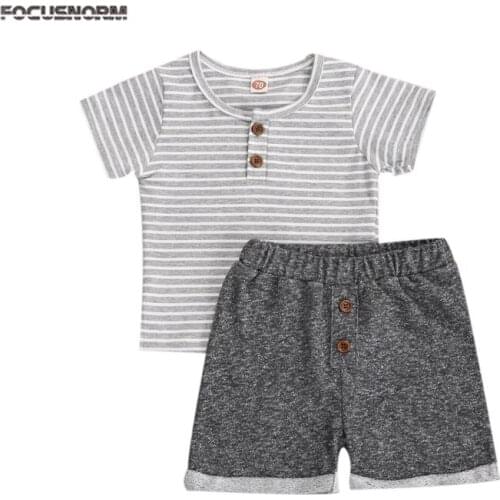 FOCUSNORM 0-24M Infant Baby Boys Causal Clothes Sets Grey Striped Print Short Sleeve T Shirts Tops Shorts