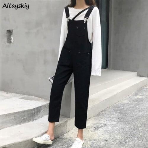 Jumpsuits Women Pockets Solid Trendy Cool Girls Students Fashion Casual Elegant All-match Straight Ankle-length BF Chic Newest