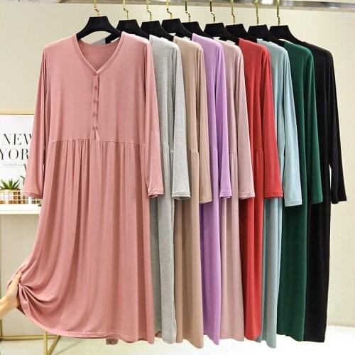 2021 autumn new Korean version of bit cotton long-sleeved loose plus size button nightdress casual V-neck dress home service