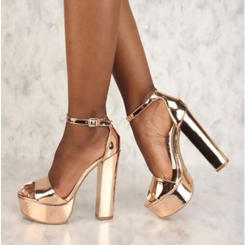 FGHGF NEW 13CM Chunky Heels Silver Sandals, Pink Gold , Sexy Lady Platform