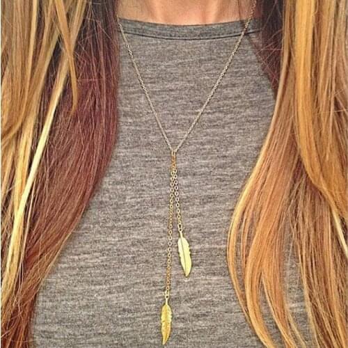 Sweater necklace alloy leaf pendant metal chain silver color gold color plated for women gift