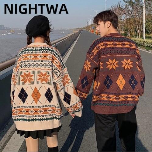 NIGHTWA Couple Sweater Korean College Style Autumn Winter Geometric Pattern Pullovers Loose O-Neck Knitted Sweaters Women Jumper