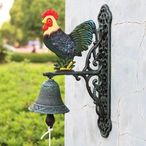Rooster Cast Iron Hand Cranking Door Bell Hand Paint Antique Green Red Yellow Wall Bell Double-sided Metal Welcome Door Bell