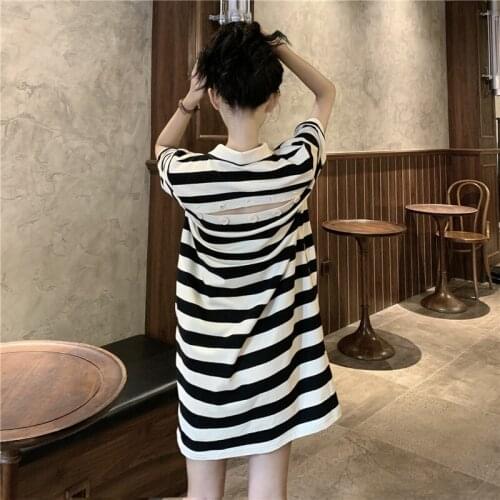 Women Dresses Summer 2021Vestidos Ropa Mujer Striped T-Shirt Dress Backless Vintage Loose Sweet Robe A174