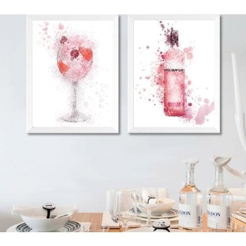 Pink Gin and Glass Abstract Watercolor Painting Canvas Prints Alcohol Drink Gift Poster Wall Art Pictures Kitchen Living Decor