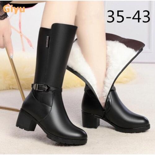 Brand genuine leather womens boots Fashion high heel wool boots Thick with plus size Winter shoes Knee-length Motorcycle boots