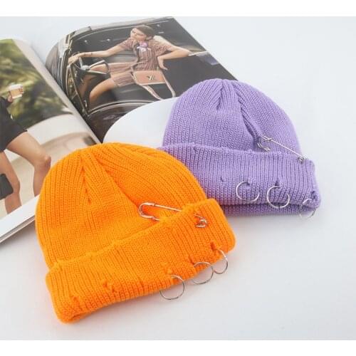 Kintted Hats Solid Purple Red Green Brooch Hole Hat Fashionable Foldable Decoration Casual Party Hip Hop Caps Sombreros De Mujer