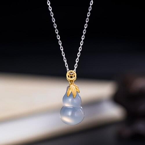 Unique S925 Sterling Silver Creative Chinese Style Chalcedony Gourd Pendant Womens Bamboo Leaf Necklace Wholesale Customization