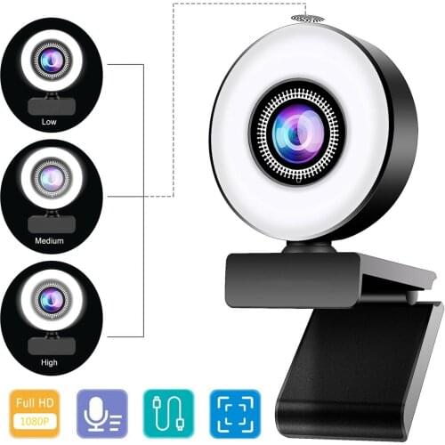 1080P Full HD USB Web Camera Webcam w/Ring Light+Mic for Video Calling Conferencing PC Webcam For Office Meeting Home