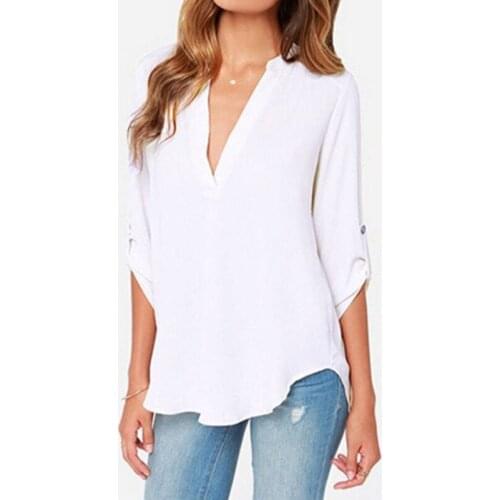 2021 Women Shirts Summer Autumn Casual V-neck Chiffon Shirts Women Tops And Blouses Long Sleeve Black White Ladies Shirts