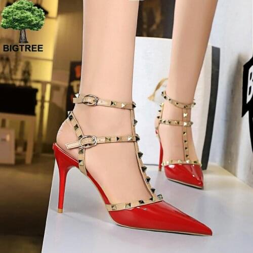 2021 Women 9cm High Heels Rivets Studded Sandals Summer Lady Stiletto Fetish Yellow Heels Sandles Gladiator Pumps Stripper Shoes