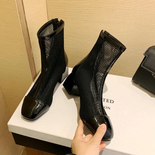 2021 New PU Leather Women Ankle Boots Fashion Square Toe Thick Heel Women Short Boots Black Apricot Summer Womens Net Boots