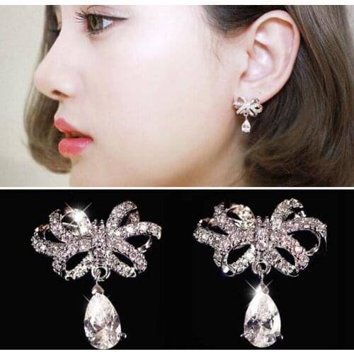 AAA Quality Luxury Pave Premium Cubic Zirconia Water Drop Cute Bow-knot Earrings Studs Jewelry For Women
