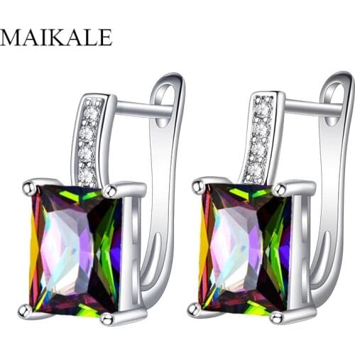 MAIKALE Classic Square Colorful Cubic Zirconia Stud Earring Gold Silver Color Plated Gem AAA CZ Earrings for Women Jewelry Gifts