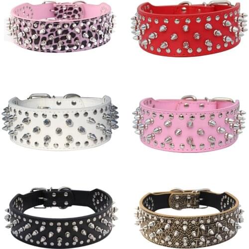 PU Leather Spiked Studded Dog Collar 2" Wide 31 Spikes 52 Studs