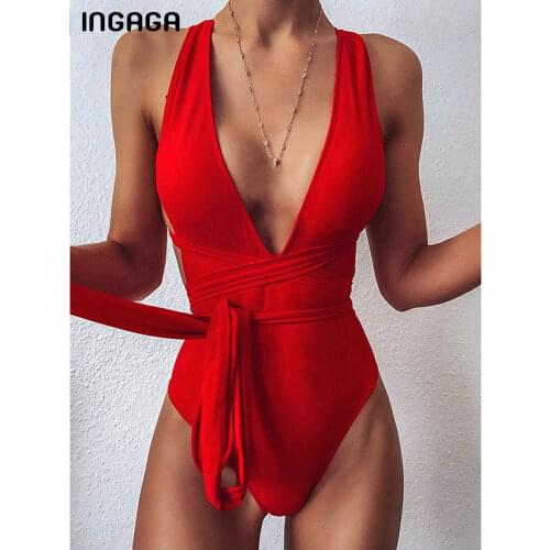 INGAGA 2021 Sexy Plunging Swimsuit One Piece High Cut Swimwear Women Cross Bandage Beachwear Summer Backless Bathing Suit Women
