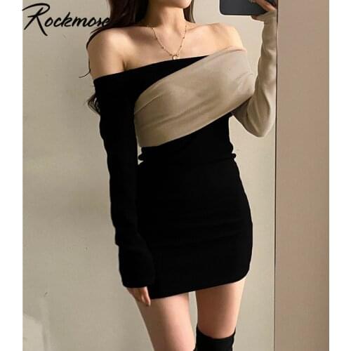 Rockmore Vintage Patchwork Strapless Mini Short Dresses Women Aesthetic Elegant Korean Long Sleeve Sexy Bodycon Dress Night Club