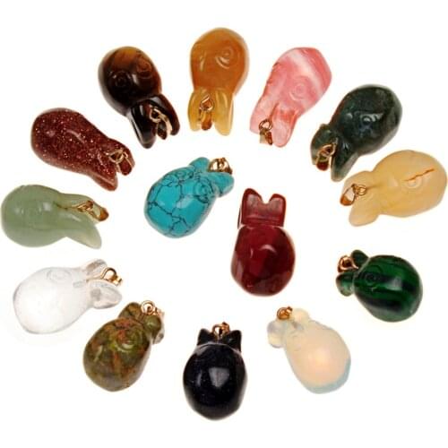 12pcs Natural Stone Healing Crystal Cute Animal Hand Carved Green Aventurine Quartz Pendants Bunny Rabbit Figurine Pocket Free