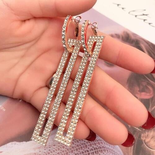 4 Colour Fashion Long Geometric Drop Earrings Luxury Gold Silver Color Rectangle Rhinestone Earring for Women Party Jewelry Gift
