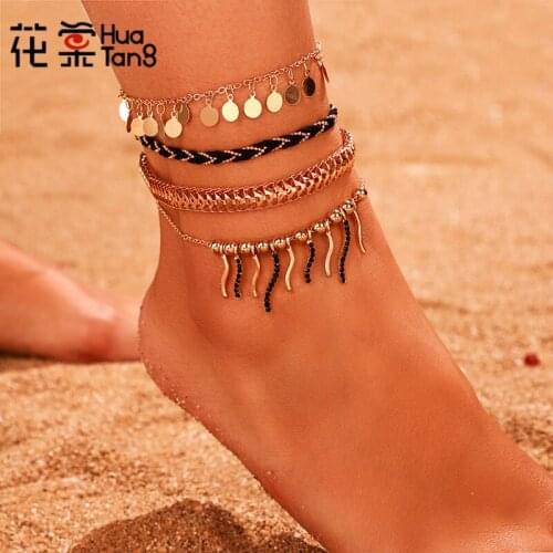 HuaTang 4Pc/set Crystal Tassel Gold Anklet Bracelet Multilayer Sequin Foot Chain on the Leg Women Beach Jewelry Accessories 9036