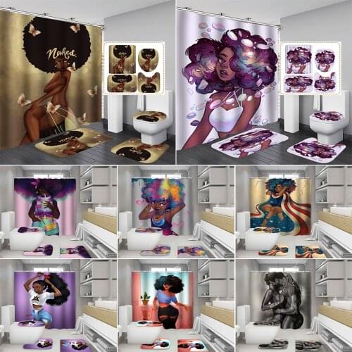 African Shower Curtain Afro Cute Sexy Black Girl Bathroom Curtains American Loli Anti-skid Rugs Toilet Lid Cover Mat Carpet