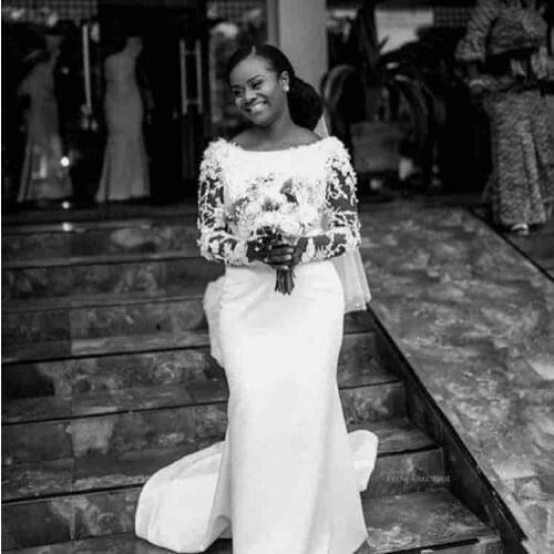 African Mermaid Wedding Dress Lace Applique Long Sleeve Bridal Gowns Custom Made Wedding Dress Robe De Mariee