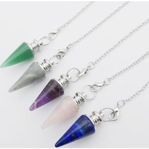 Amethysts Labradorite Lapis Opal Clear Crystal Rose Quartz Stone Dowsing Healing Chakra Conical Amulet Pendulum With Chain 1PC