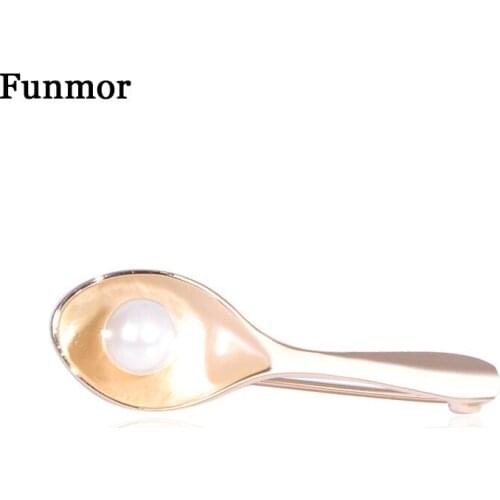 Funmor Spoon Shape Brooches Simulated Pearl Copper Pins Women Cook Decoration Kitchen Collar Lapel Coat Accessories Gifts Bijoux