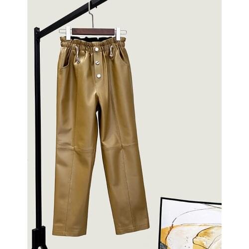 Fashion womens genuine casual elastic waist ninth pants spring autumn sheepskin real leather straight pant A590