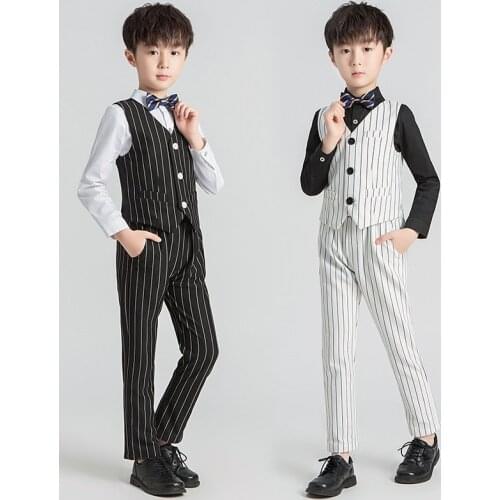 Childrens Formal Vest Suit Set Boys Striped Vest Pants Shirts Bowtie Clothing Sets Kids Party Performance Host Costume