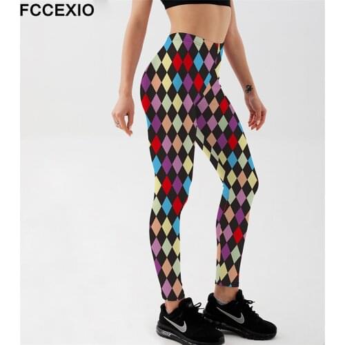 FCCEXIO Colorful Rhombus 3D Print Womens Pants Push Up Running Sports Leggings Slim Pants Female Casual Trousers Fitness Leggin
