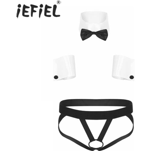 Men Role Play Costume Sexy Lingerie Sets Bowknot Neck Collar Cuffs with Stretchy Crotchless T-back Open Butt Jockstrap Panties