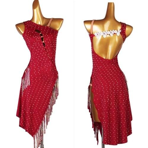 Wine red fringe latin competition dress Rumba cha cha salsa tango dance dress S-XXXL lq251